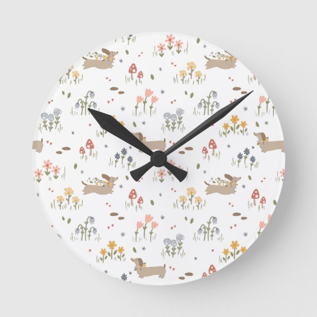 Dachshund Lover Weiner Dog Sausage Dog Wildflower Round Clock (Front)