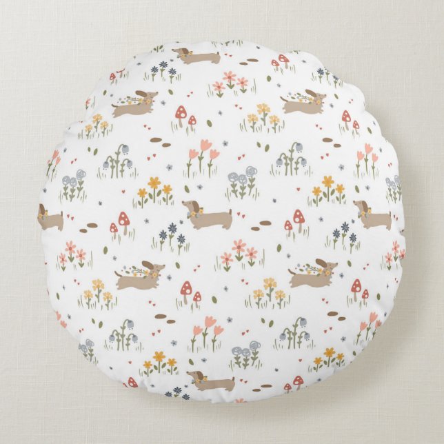 Dachshund Lover Weiner Dog Sausage Dog Wildflower Round Pillow (Front)