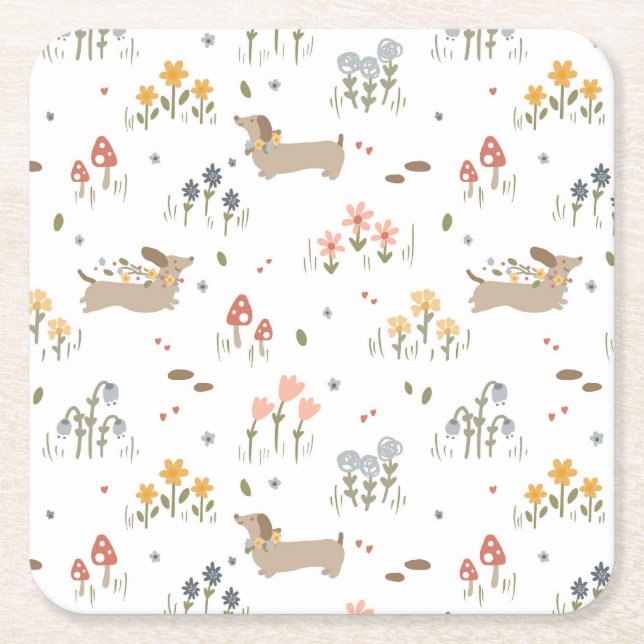 Dachshund Lover Weiner Dog Sausage Dog Wildflower Square Paper Coaster (Front)
