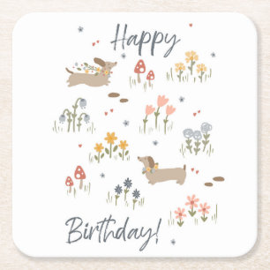 Dachshund Lovers Happy Birthday Floral Party Square Paper Coaster