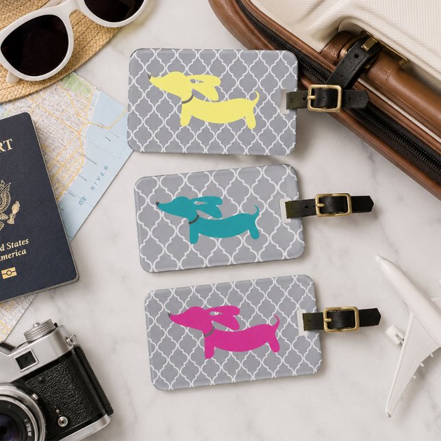 Dachshund Luggage Bag Tag Blue & Grey (Wiener dog luggage tag)