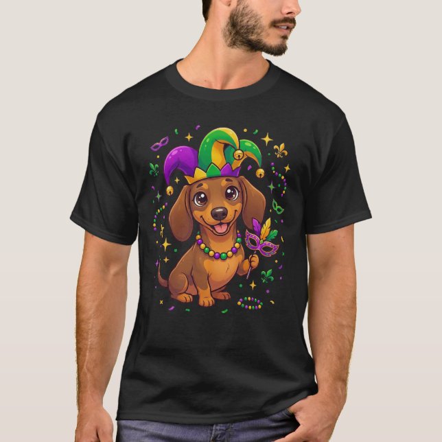 Dachshund Mardi Gras Wiener Dog Fun Party Pajamas T-Shirt (Front)