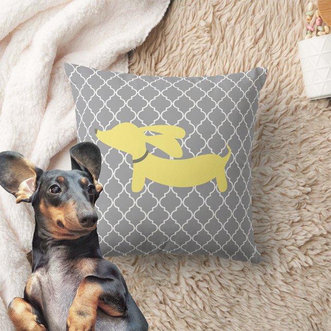 Dachshund Modern Yellow Grey Pillow Cushion (Yellow and gray dachshund pillow cushion)