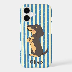 Dachshund noir et feu avec rayures bleues et nom