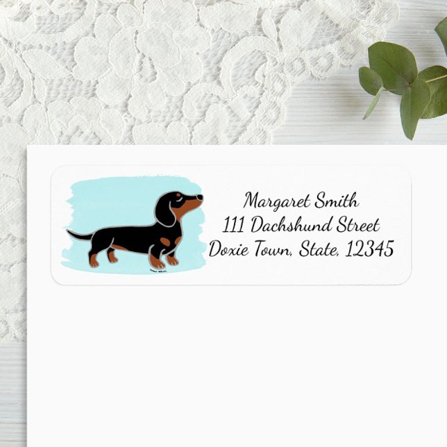 Dachshund noir et tan avec aquarelle (Black and Tan Dachshund Posing Cartoon Design Return Address Label for Dachshund Owners.)