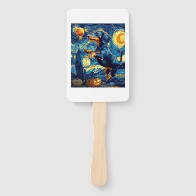 Dachshund of van gogh starry night halloween Funny Hand Fan (Front)