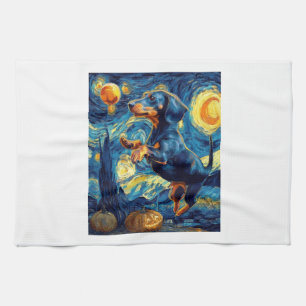 Dachshund of van gogh starry night halloween Funny Kitchen Towel