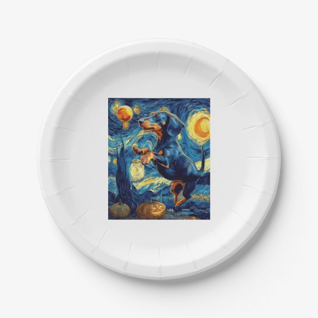 Dachshund of van gogh starry night halloween Funny Paper Plate (Front)