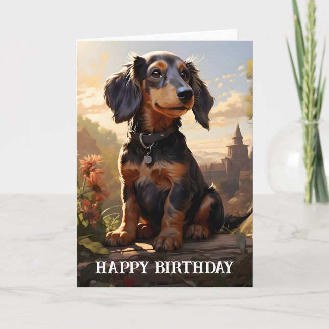 Dachshund On A Log Birthday Card (Front)