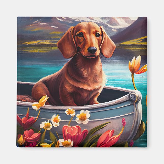 Dachshund on a Paddle: A Scenic Adventure Magnet (Front)