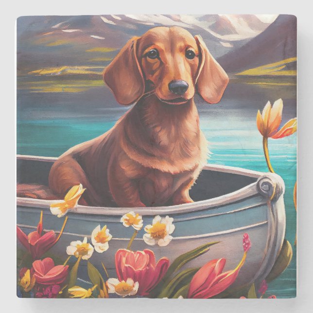 Dachshund on a Paddle: A Scenic Adventure Stone Coaster (Front)