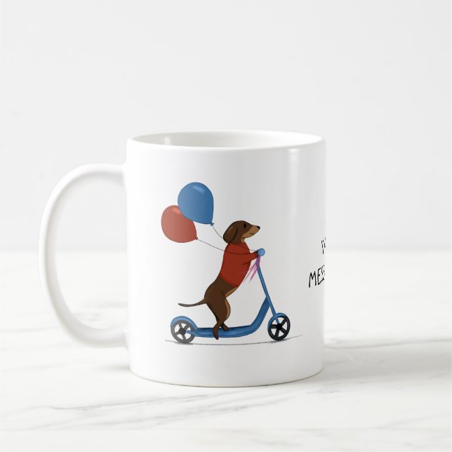 Dachshund on scooter with balloons coffee mug (Left)