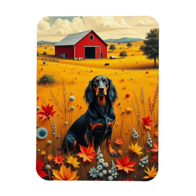 dachshund on the farm in autumn magnet (Vertical)