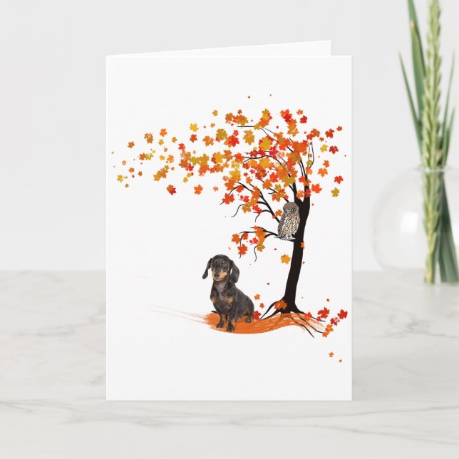 Dachshund Owl And Fall Tree Dachshund Lover Autumn Card (Front)
