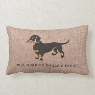 Dachshund Owns The House Funny Burlap Lumbar Pillow