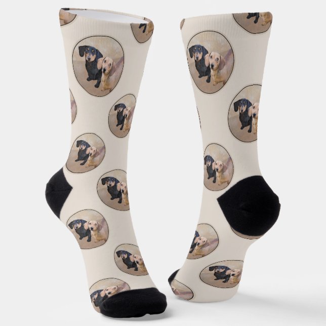 Dachshund Painting Smooth Black & Tan Red Dog Art Socks (Angled)