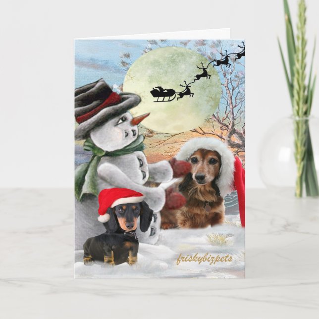 Dachshund Pals Posed with Snowman Cards (Front)