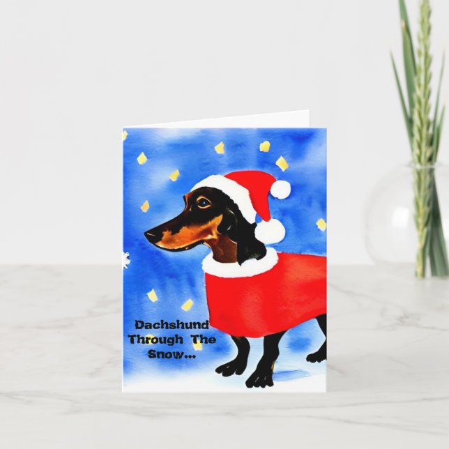 Dachshund Par La Neige. Carte de Noël (Devant)