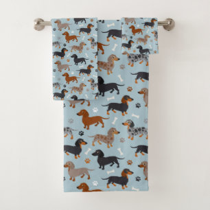 Dachshund Paws and Bones Pattern Blue Bath Towel Set