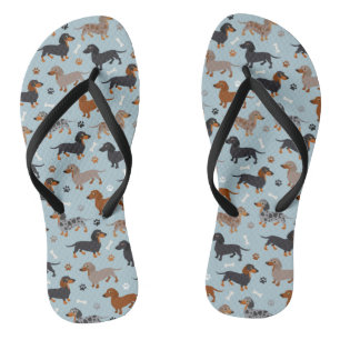 Dachshund Paws and Bones Pattern Blue Flip Flops