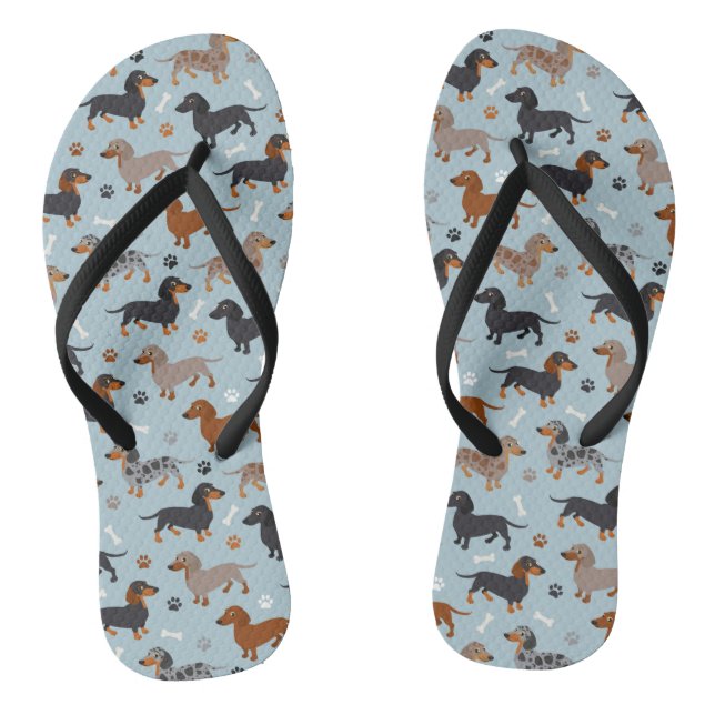 Dachshund Paws and Bones Pattern Blue Flip Flops (Footbed)