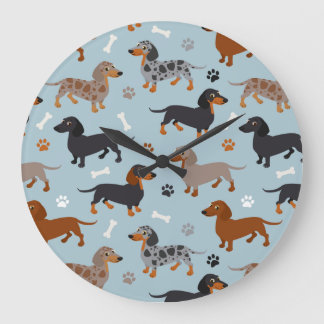 Dachshund Paws and Bones Pattern Blue Large Clock