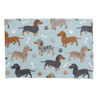 Dachshund Paws and Bones Pattern Blue Pillowcase