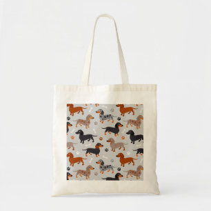 Dachshund Paws and Bones Pattern Gray Tote Bag