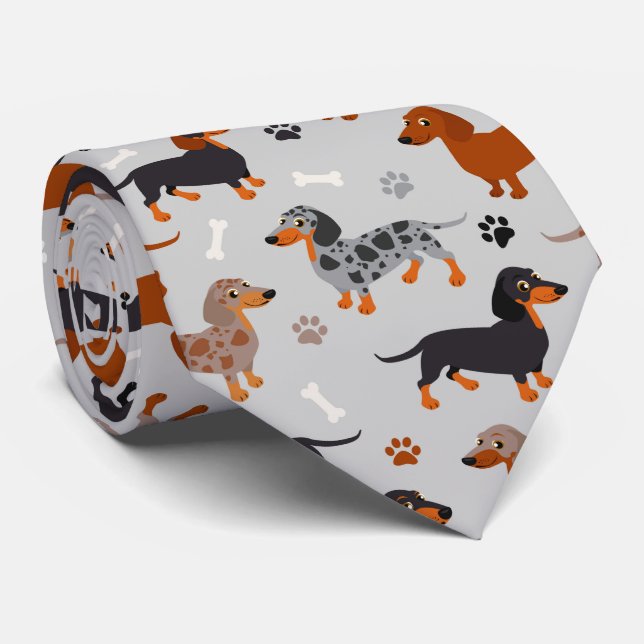 Dachshund Paws and Bones Pattern Grey Tie (Rolled)