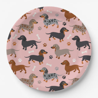 Dachshund Paws and Bones Pattern Pink Paper Plate
