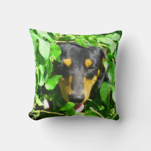 Dachshund Peeking Through Leaves Pillow