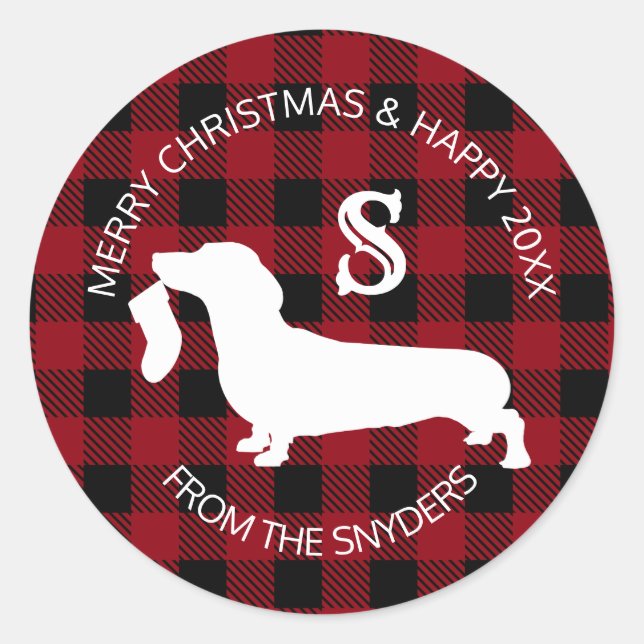 Dachshund Plaid Holiday Monogram Classic Round Sticker (Front)