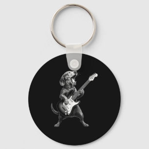 Dachshund Playing Guitar Rock Star Rock &amp; Roll Keychain