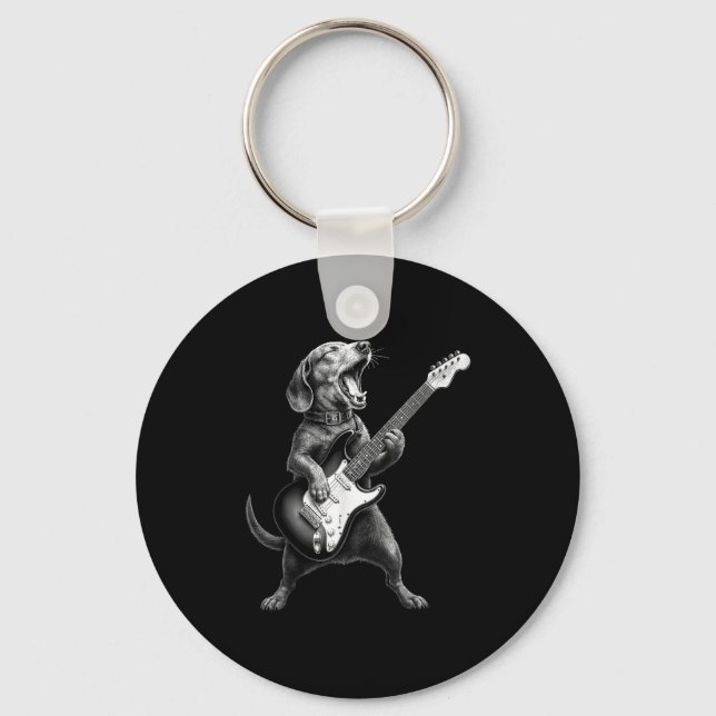 Dachshund Playing Guitar Rock Star Rock &amp; Roll Keychain (Front)