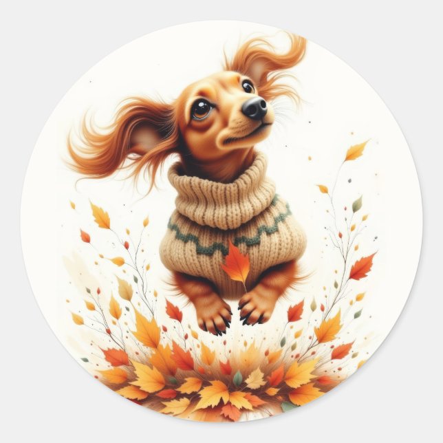 Dachshund playing in the fall leaves classic round sticker (Front)
