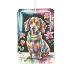 Dachshund Portrait in Neon Light and Floral Frame Air Freshener