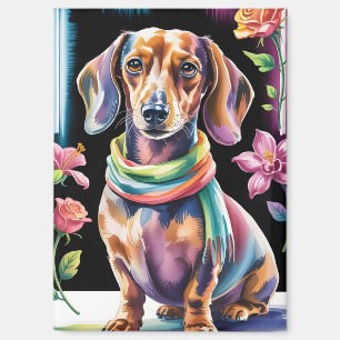 Dachshund Portrait in Neon Light and Floral Frame Magnet
