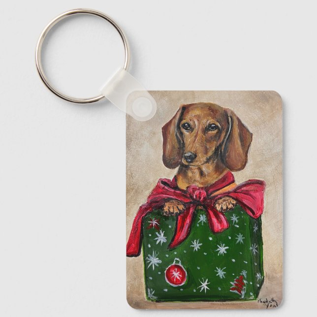 Dachshund Present Dog Art Christmas Key Chain (Front)