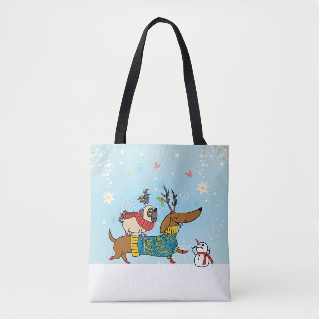 Dachshund, Pug, & Bird Holiday Tote (Front)