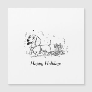 Dachshund pulling sleigh with a Christmas presents