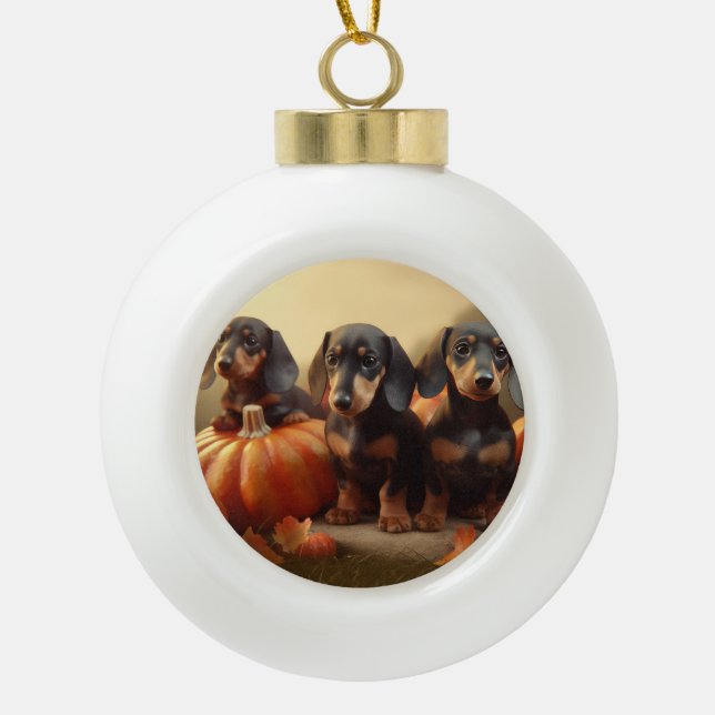 Dachshund Puppy Autumn Delight Pumpkin Ceramic Ball Christmas Ornament (Front)