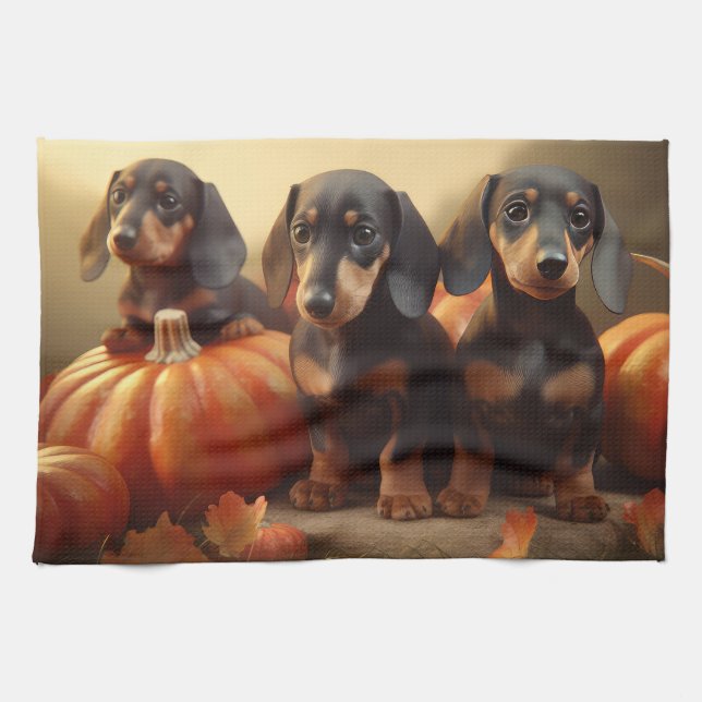 Dachshund Puppy Autumn Delight Pumpkin Kitchen Towel (Horizontal)