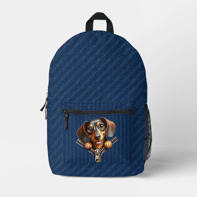 Dachshund  Puppy Denim Cloth Printed Backpack (Front)