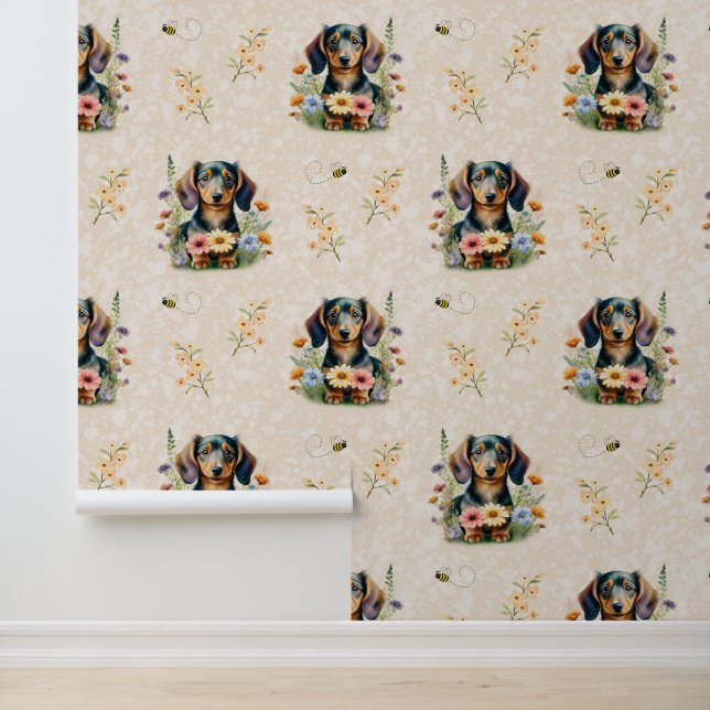 Dachshund Puppy Dog Black Tan Wild Flowers Cream Wallpaper (Application)