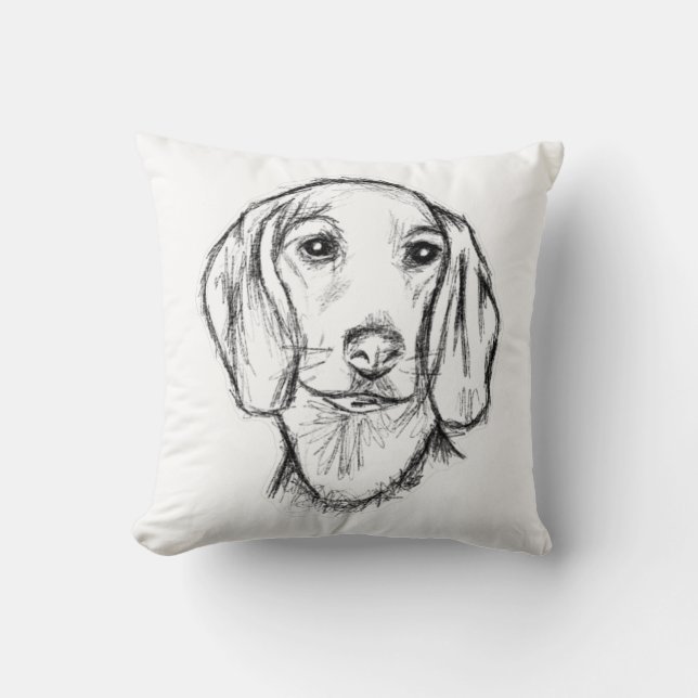dachshund puppy dog black white simple drawing art throw pillow (Front)