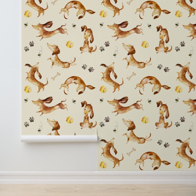 Dachshund Puppy Dog Paw Prints Bumble Bee Cream Wallpaper (Application)