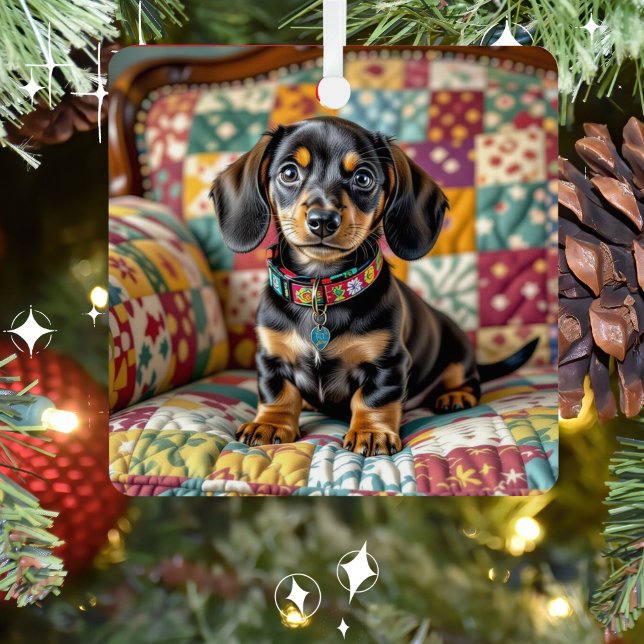 Dachshund Puppy Dog Personalized Christmas Metal Ornament (Creator Uploaded)