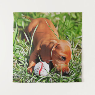 Dachshund Puppy Laying In Grass With Ball Xmas Pos Tapestry