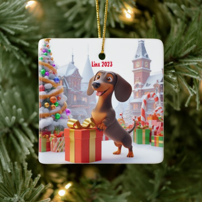 Dachshund Puppy Personalized Ceramic Tree Ornament (Tree)