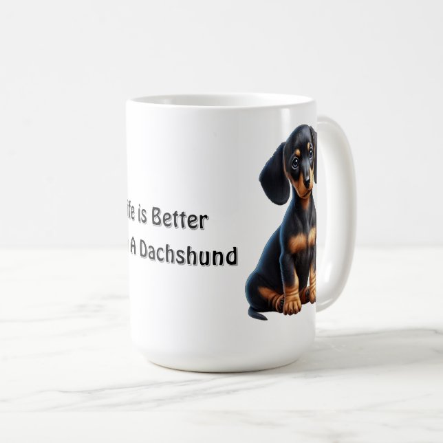 Dachshund Puppy Sitting and Looking with Innocent  Coffee Mug (Front Right)